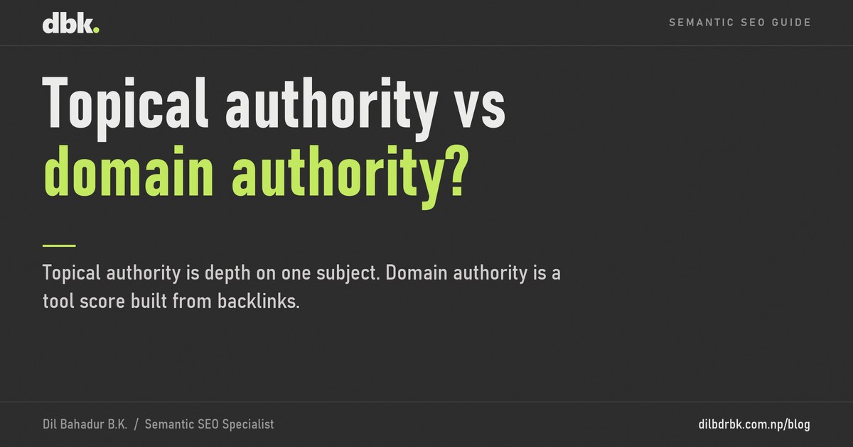 Topical authority vs domain authority: one website covers a single topic in depth with connected pages, while a domain score rates the whole site by its backlinks.